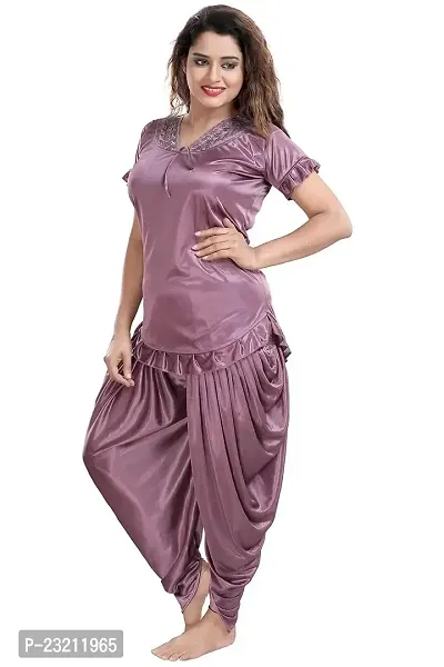 FOXBOOM Patiyala Top and Pyjama Set Ladies Night Wear Suit Silk Satin Night Suit Nightdress for Women and Girls (Large, Beige)-thumb2