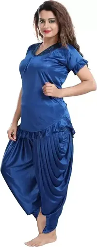 FOXBOOM Patiyala Top and Pyjama Set Ladies Night Wear Suit Silk Satin Night Suit Nightdress for Women and Girls (Large, Blue)-thumb3