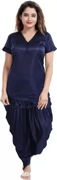 Stylish Navy Blue Satin Solid Night Wear Set For Women-thumb0