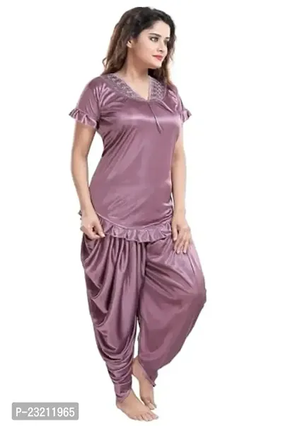 FOXBOOM Patiyala Top and Pyjama Set Ladies Night Wear Suit Silk Satin Night Suit Nightdress for Women and Girls (Large, Beige)-thumb5