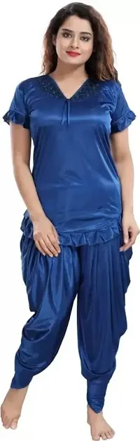 FOXBOOM Patiyala Top and Pyjama Set Ladies Night Wear Suit Silk Satin Night Suit Nightdress for Women and Girls (Large, Blue)