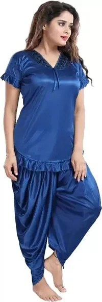 FOXBOOM Patiyala Top and Pyjama Set Ladies Night Wear Suit Silk Satin Night Suit Nightdress for Women and Girls (Large, Blue)-thumb1