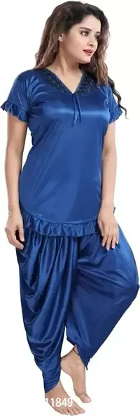 FOXBOOM Patiyala Top and Pyjama Set Ladies Night Wear Suit Silk Satin Night Suit Nightdress for Women and Girls (Large, Blue)-thumb2