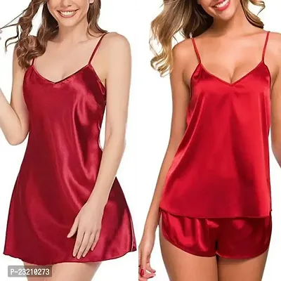 FOXBOOM Women's Satin Soft Top and Shorts Set with Knee Length Night Gown Slip Nightsuit for Womens