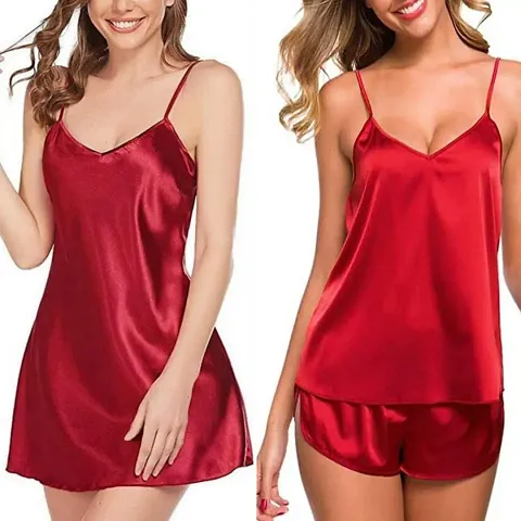 FOXBOOM Women's Satin Soft Top and Shorts Set with Knee Length Night Gown Slip Nightsuit for Womens