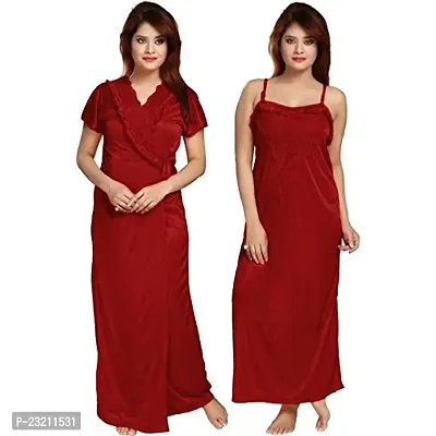 FOXBOOM Women's Satin Nightwear Sleepwear Plain/Solid Nightwear Set Pack of 2-thumb0