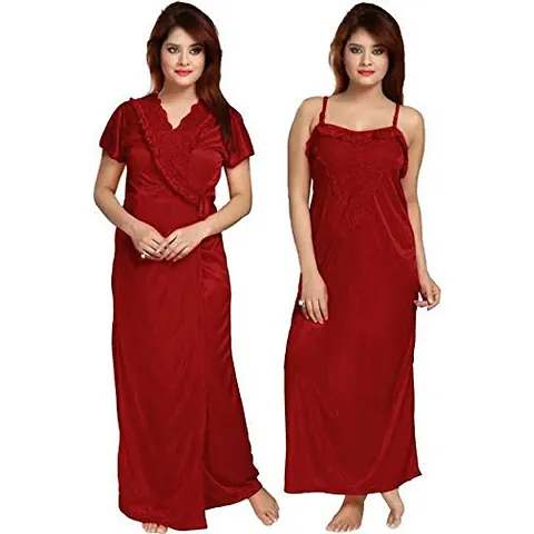 FOXBOOM Women's Satin Nightwear Sleepwear Plain/Solid Nightwear Set Pack of 2