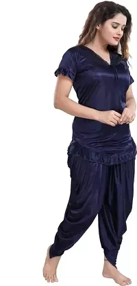 Stylish Navy Blue Satin Solid Night Wear Set For Women-thumb3