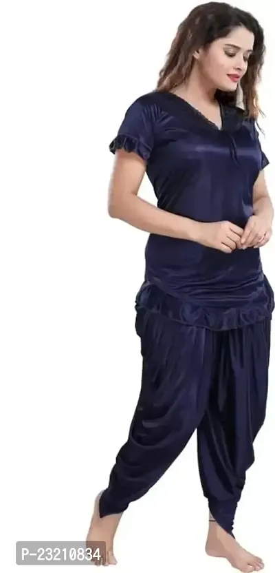 Stylish Navy Blue Satin Solid Night Wear Set For Women-thumb4