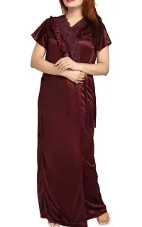 Stylish Coffee  Satin Sleepwear Solid Nightwear Set Pack of 2-thumb2