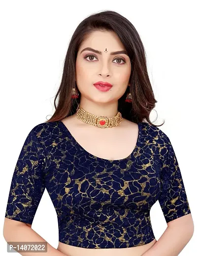 Trendy Lycra Navy Blue Printed Blouse For Women-thumb0