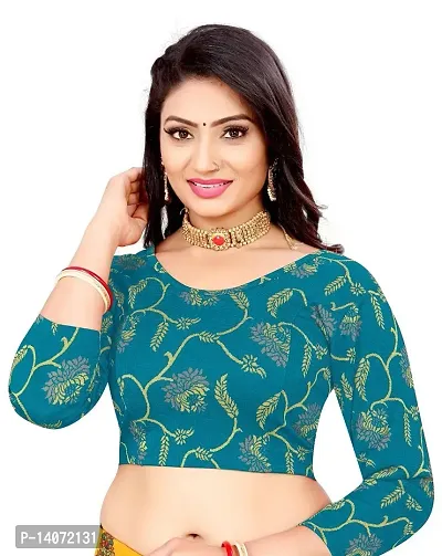 Trendy Lycra Teal Blue Printed Blouse For Women-thumb0
