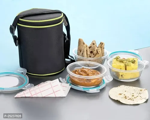 Kitchenware Glass Lunch Box 400 ml, Round, Microwave Safe Office Tiffin Box for Office use, Student, Women, Men, Girls with Bag Cover | Air Tight (Premium Glass Lunch Box-3 Container)