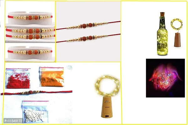 Techmahoday? Beautiful Rakhi for Brother with Kalava Set and Roli Chawal Combo with LED Wine Bottle Cork Copper Wire String Lights (2m)