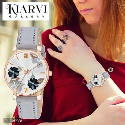 Flower Dial Stylish Analog  leather Strap Watch for Girls and Women-thumb0
