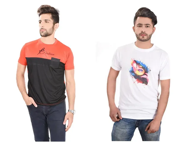 Classic Polyester Printed Round Neck Men T-Shirt Pack Of 2