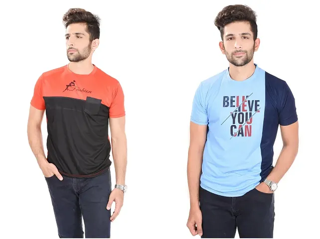 Stylish Men Polyester Round Neck T-Shirt Pack Of 2