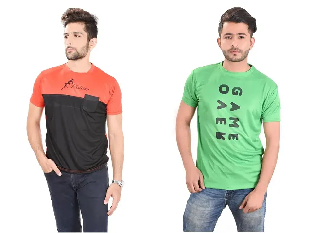 Stylish Polyester Printed Round Neck Men T-Shirt Pack Of 2