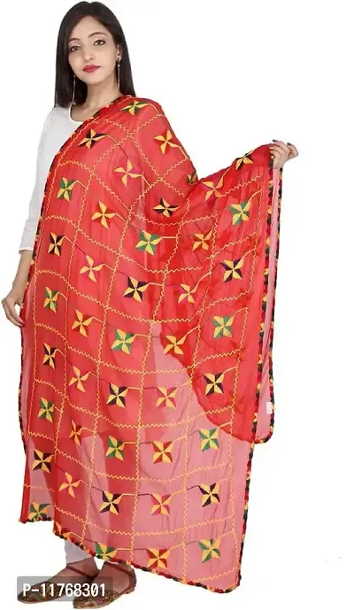 P.P garaments Phulkari Dupattas for Womens, Hand Embroidered in Amritsar, Punjabi Pankha Design(red)