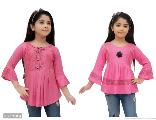 Pretty Cotton Blend Pink Bell Sleeves Top For Girls-Pack Of 2-thumb0