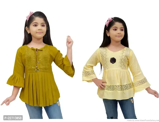 Pretty Cotton Blend Mustard And Yellow Bell Sleeves Top For Girls-Pack Of 2