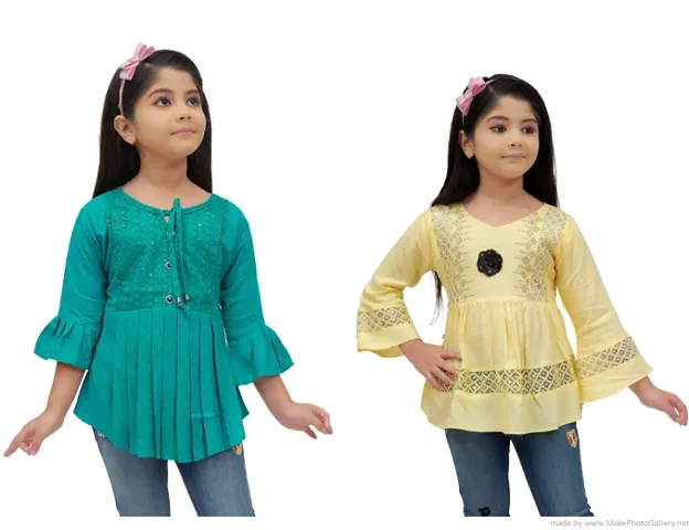 Pretty Blend Sea And Bell Sleeves Top For Girls-Pack Of 2