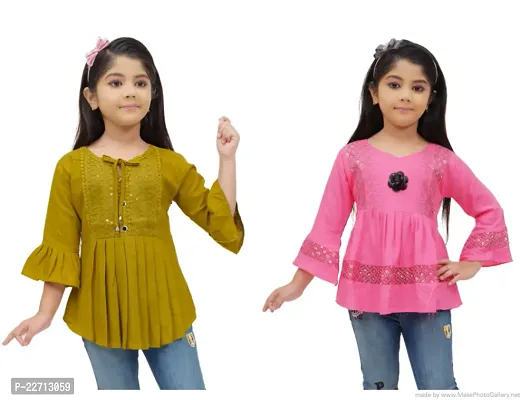 Pretty Cotton Blend Mustard And Pink Bell Sleeves Top For Girls-Pack Of 2