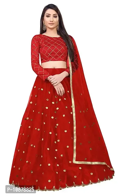 Paril Women's semi stitched Net Lehenga Choli with Blouse & Dupatta set (Embroidered Bridal Lehenga Choli) (Red to Red)
