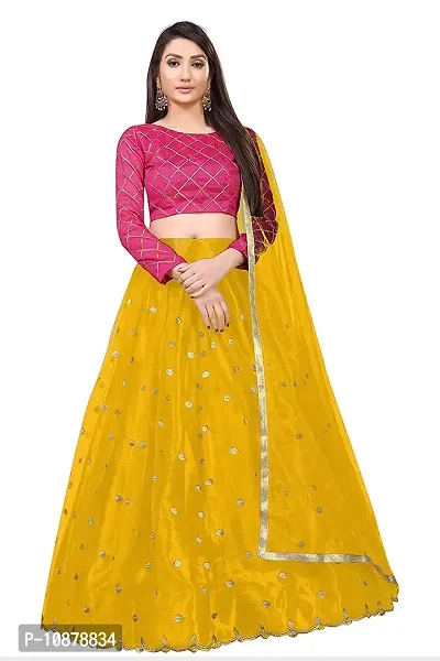 Paril Women's semi stitched Net Lehenga Choli with Blouse & Dupatta set (Embroidered Bridal Lehenga Choli) (Yellow to Pink)