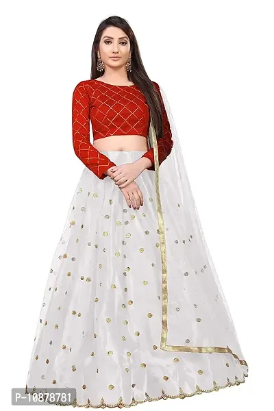 Paril Women's semi stitched Net Lehenga Choli with Blouse & Dupatta set (Embroidered Bridal Lehenga Choli) (White to Red)