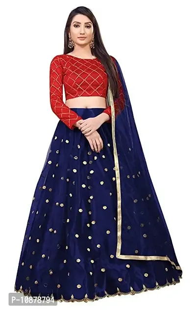 Paril Women's semi stitched Net Lehenga Choli with Blouse & Dupatta set (Embroidered Bridal Lehenga Choli) (Blue to Red)
