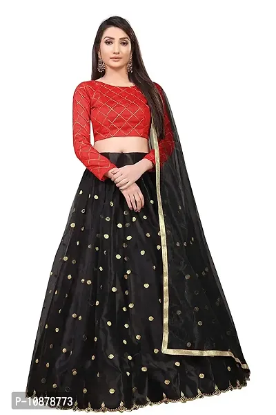 Paril Women's semi stitched Net Lehenga Choli with Blouse & Dupatta set (Embroidered Bridal Lehenga Choli) (Black to Red)