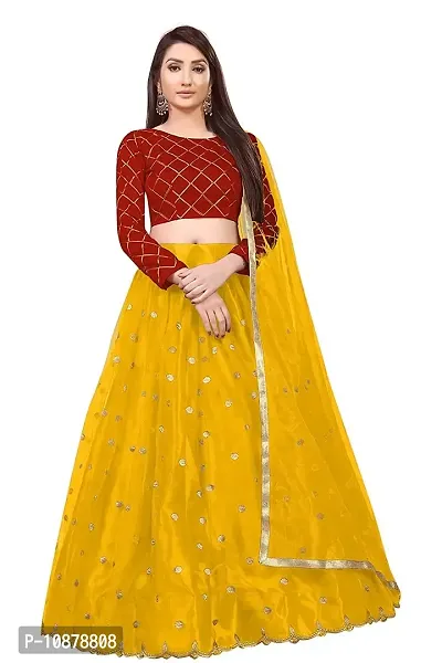 Paril Women's semi stitched Net Lehenga Choli with Blouse & Dupatta set (Embroidered Bridal Lehenga Choli) (Yellow to Red)