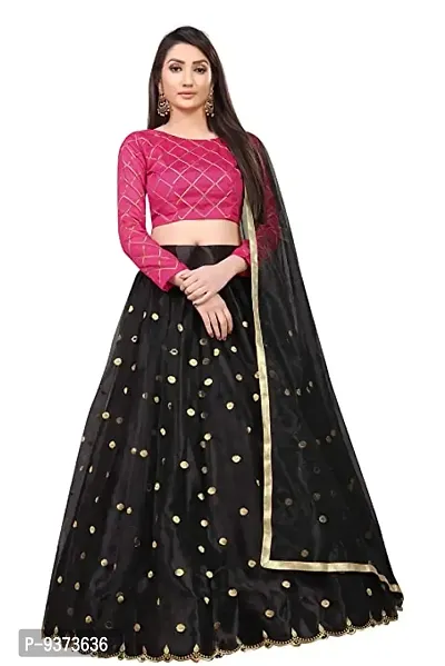 Womens Semi-stitched Embroidered Net Lehenga Choli with Dupatta set(Black to Pink)