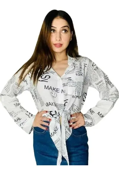 THE LION'S SHARE Women's Western Style Newspaper Printed Tie-Up Crop Top with Collared