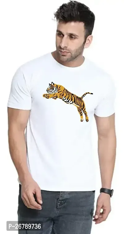 White Coloured Printed Polyester Round Neck T shirt