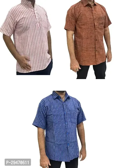 Stylish Multicoloured Khadi Cotton Short Sleeves Shirt For Men Pack Of 3-thumb0