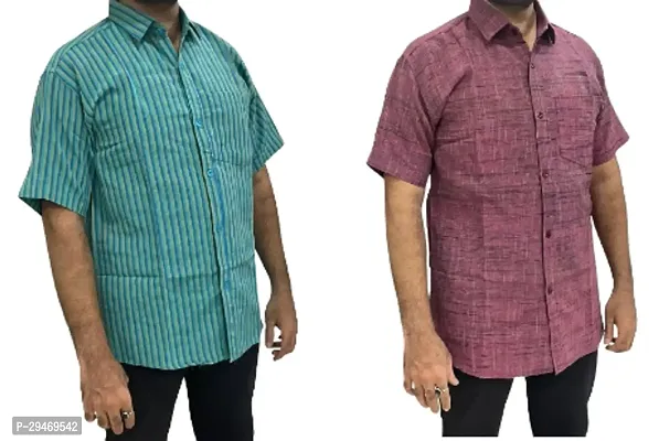 Stylish Multicoloured Khadi Cotton Short Sleeves Shirt For Men Pack Of 2