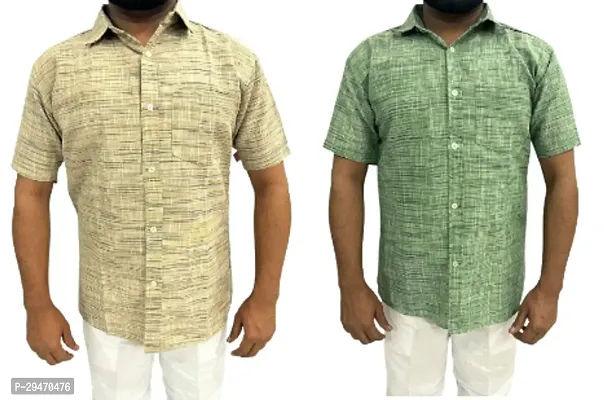 Stylish Multicoloured Khadi Cotton Short Sleeves Shirt For Men Pack Of 2-thumb0