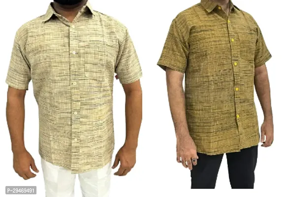 Stylish Multicoloured Khadi Cotton Short Sleeves Shirt For Men Pack Of 2