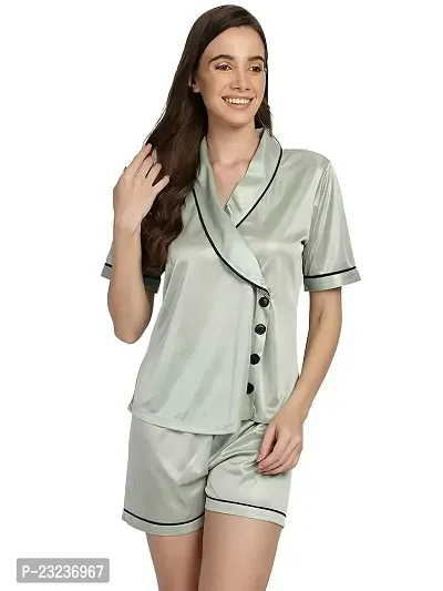 You Forever Stylish Plan Overlap Neck Satin Button Down Women?s Regular Shirt  Short Set Night Suit Sleepwear Shorts Pajama?s Lounge Wear Set Shirt Short Set for Women, Girls-thumb0