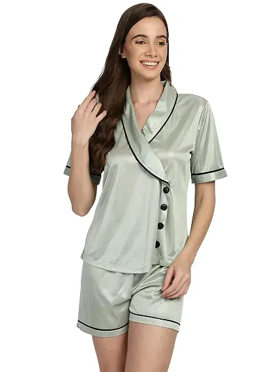 Stylish Satin Silk Solid Notched Collar Night Shirt Shorts Set For Women