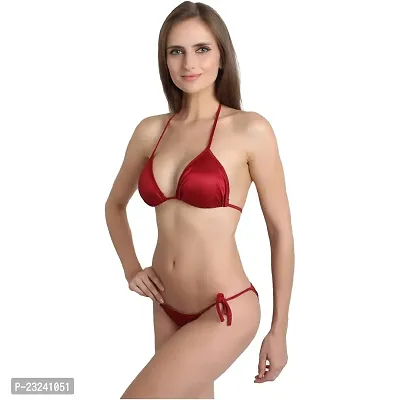 You Forever Solid Women's Satin Halter Neck Bra Side Tie Panty Sexy Non Padded Bikini Swimwear Lingerie Set Innerwear Bikini Set for Women Girls Ladies (Maroon, Medium)-thumb2