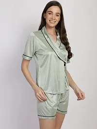 You Forever Stylish Plan Overlap Neck Satin Button Down Women?s Regular Shirt  Short Set Night Suit Sleepwear Shorts Pajama?s Lounge Wear Set Shirt Short Set for Women, Girls-thumb2