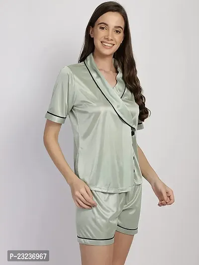 You Forever Stylish Plan Overlap Neck Satin Button Down Women?s Regular Shirt  Short Set Night Suit Sleepwear Shorts Pajama?s Lounge Wear Set Shirt Short Set for Women, Girls-thumb3