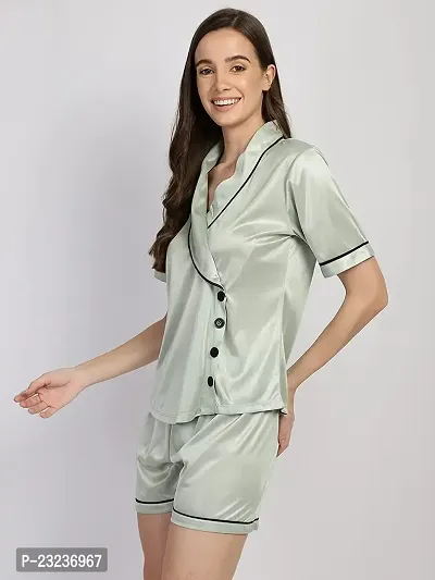 You Forever Stylish Plan Overlap Neck Satin Button Down Women?s Regular Shirt  Short Set Night Suit Sleepwear Shorts Pajama?s Lounge Wear Set Shirt Short Set for Women, Girls-thumb4