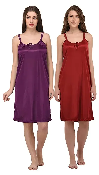 You Forever Women Sexy Satin Solid Above Knee Length Nighty Pack of 2