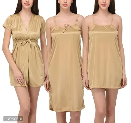 You Forever Solid Beige Women's Nighty with Robe