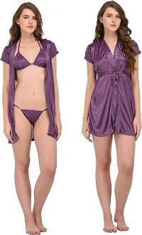 You Forever Womens Night Wear Satin Silky Robe Womens and Lingerie Bikini Set (Purple, Medium)-thumb1