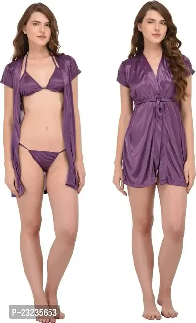 You Forever Womens Night Wear Satin Silky Robe Womens and Lingerie Bikini Set (Purple, Medium)-thumb2